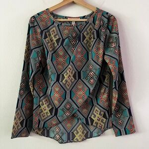 Mara Hoffman Tulip Hem Geometric Print Long Sleeve Blouse Crew Neck size XS